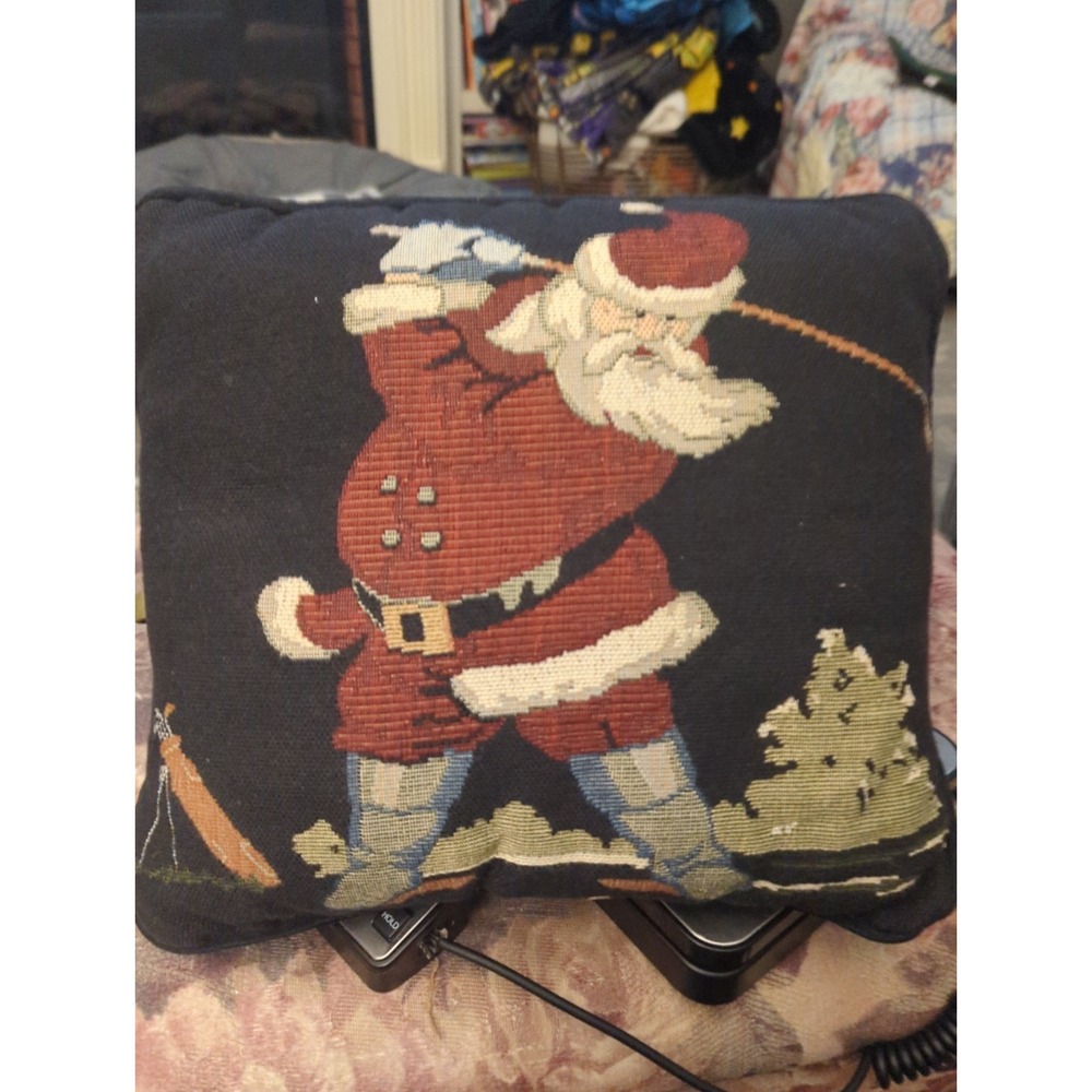 Vintage Black Tapestry Santa Golf Pillow Santa Golfing